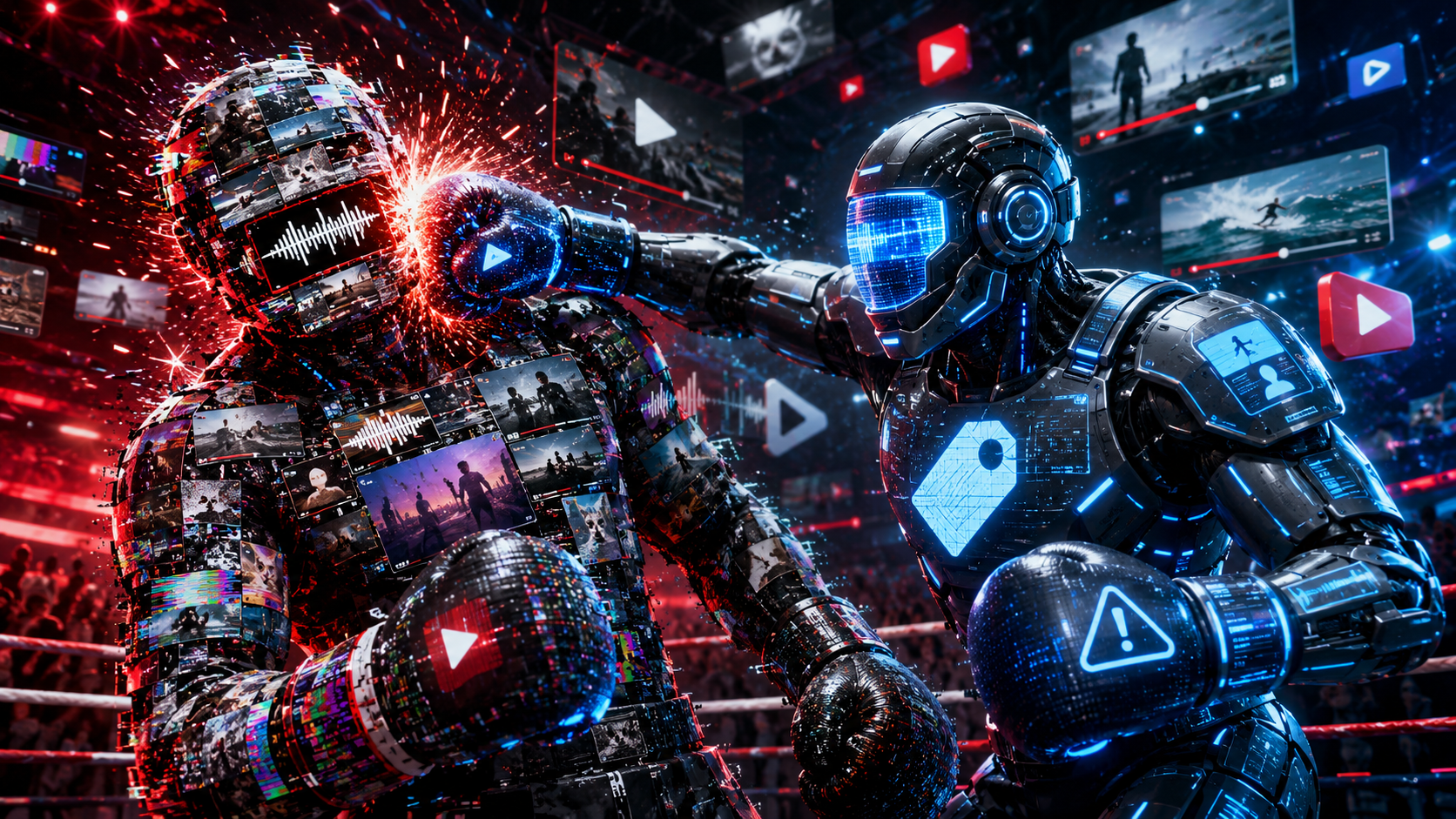 Two futuristic robots boxing in a neon-lit ring, surrounded by video thumbnails and play icons